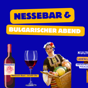 Haus in der Altstadt Nessebar , Weinflasche und Frau mit Nationaltracht aus Bulgarien